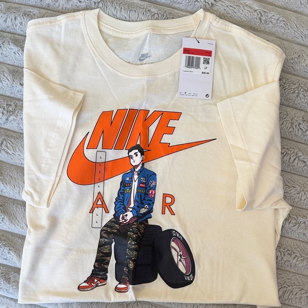 Nike Cream Short-Sleeve Tee with Orange Logo and Illustrated Graphic